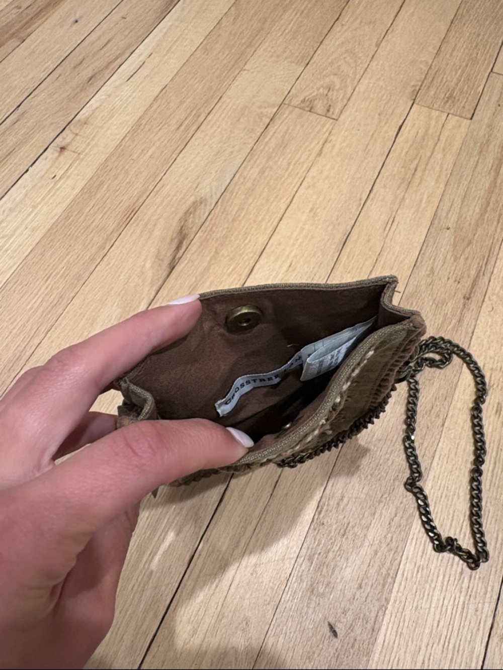 Olive Green Embroidered Crossbody Bag with Chain Strap - Picture 3 of 5